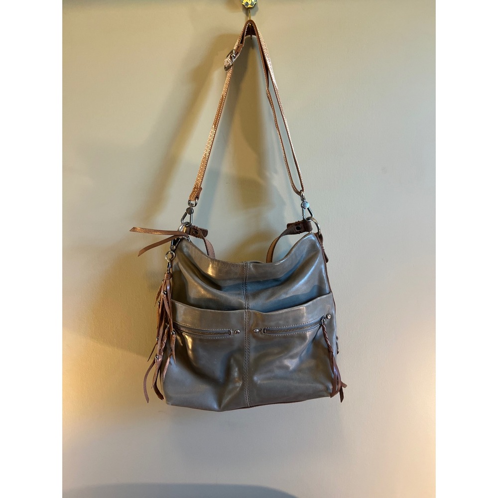 The Sak Slate Gray Leather Hobo Crossbody Bag with Chevron Guitar Strap